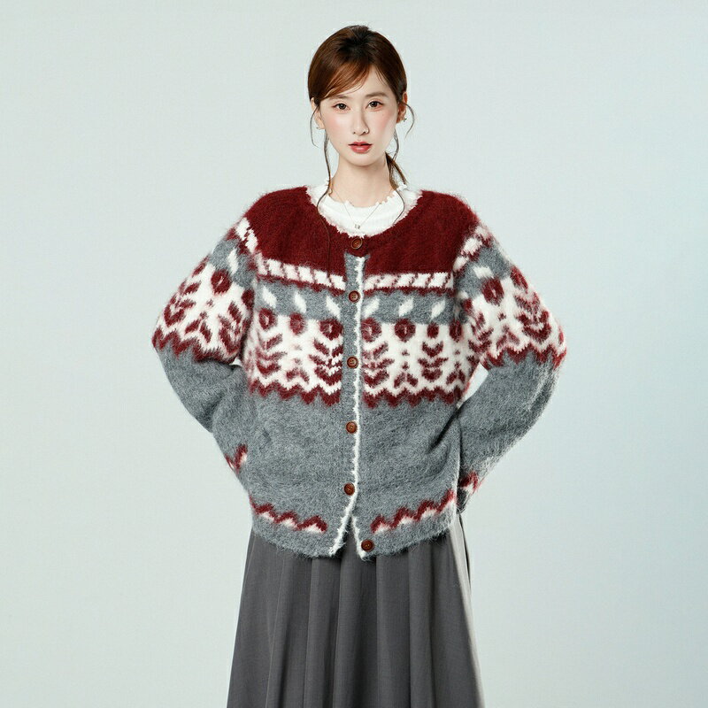 Rakuten - カーディガン レディース ニット 冬 厚手 フェアアイル レトロ オーバーサイズ ゆったり 長袖 開襟 セーター トップス 羽織り 防寒 暖かい カジュアル 普段着 お出かけ 秋冬 Runea Code
