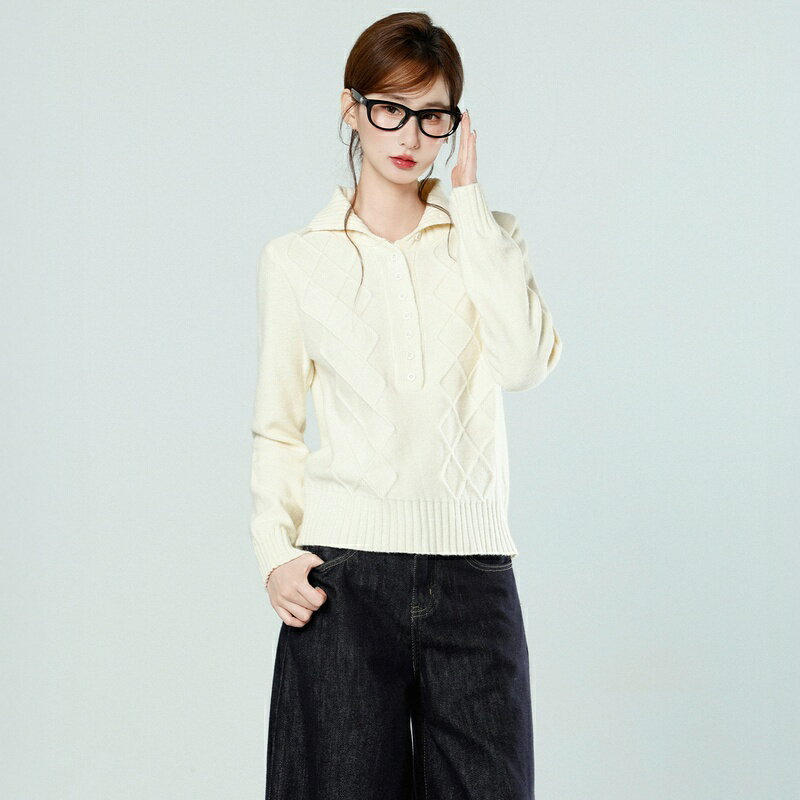 Rakuten - ニット セーター レディース 長袖 プルオーバー ポロ襟 麻花編み 厚手 ゆったりシルエット 韓国系 秋冬 カジュアル きれいめ オフィスカジュアル ベージュ 無地 フリーサイズ Runea Code
