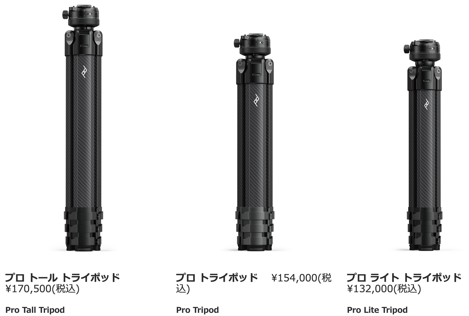 ・プロの要求に応える堅牢性と、究極の携帯性を両立したピークデザインのプロトライポッドシリーズ！ ・プロレベルのコンテンツ撮影に対応する堅牢性と安定性を備えながら、どんな冒険にも持ち出せるコンパクトさを兼ね備えた三脚。 ・写真家兼映画監督のジミー チン氏とのコラボレーションにより開発され、ピークデザインの画期的な「トラベルトライポッド」の構造を基に、大幅に剛性を向上させ、より高い展開高を実現。 ・さらに、従来のボールヘッドでの操作に加え、スムーズなパン操作が可能になり、前モデルよりも構図設定が容易に。 ・金属パーツにはCNC加工のアルミニウムを採用し、レバーやノブといったタッチポイント一つひとつにも機能性と使いやすさを追求。 ・別売りの「ティルトモッド」を使用することで、素早くパン / ティルト機能を備えた本格的なビデオ三脚へと変換可能。これにより、フィールドやスタジオにおいて、写真撮影と動画撮影をスムーズに切り替えることができ、複数の三脚やかさばるビデオヘッドの携行が不要に。 ・幅広い撮影ニーズと好みに応える3種類のサイズバリエーションをご用意しています。 ■プロ トライポッド 　\154,000(税込) Pro Tripod 幅広い用途と使用する機材に合わせてサイズ、剛性、重量が最適化されたプロトライポッドのスタンダードモデルです。 カラー：ブラック 材質：カーボンファイバー　段数：4 全伸高：168.4cm　伸高：138cm 最低高：15.9cm パンニング角：360° 重量：1.9kg　耐荷重：18.1kg 格納サイズ：H50.1cm × Ø9.3cm 同梱物：トライポッドバッグ、スタンダードプレート、ヘックスツール（4mm + 2mm 六角レンチ、購入時は本体に格納されています） ■プロ トール トライポッド 　\170,500(税込) Pro Tall Tripod プロトライポッドシリーズ最高の伸長を備えており、センターコラムを使わずに162cmまで高くなるため、重い機材使用時でも最大限の安定感を確保可能。 カラー：ブラック 材質：カーボンファイバー　段数：4 全伸高：197.4cm　伸高：162cm 最低高：17.3cm パンニング角：360° 重量：2.0kg　耐荷重：18.1kg 格納サイズ：H58.1cm × Ø9.3cm 同梱物：トライポッドバッグ、スタンダードプレート、ヘックスツール（4mm + 2mm 六角レンチ、購入時は本体に格納されています） ■プロ ライト トライポッド 　\132,000(税込) Pro Lite Tripod プロトライポッドシリーズの中で最も小型なモデルです。小型化された脚部、センターコラムを採用することで携帯性を高めています。コンパクトに持ち歩きたい方に最適です。 カラー：ブラック 材質：カーボンファイバー　段数：4 全伸高：162.5cm　伸高：133.2cm 最低高：15.8cm パンニング角：360° 重量：1.7kg　耐荷重：15.9kg 格納サイズ：H48.8cm × Ø8.5cm 同梱物：トライポッドバッグ、スタンダードプレート、ヘックスツール（4mm + 2mm 六角レンチ、購入時は本体に格納されています）