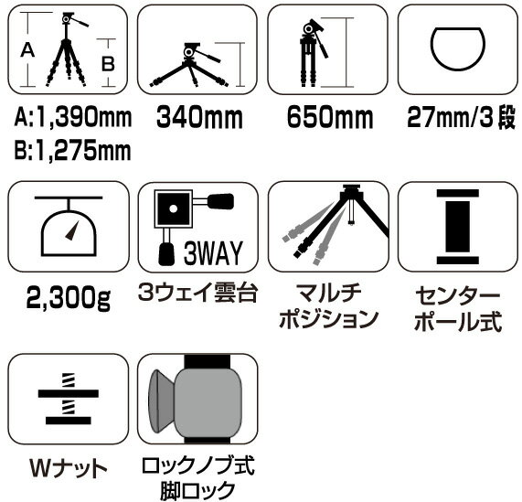 [耐加重4kg]SLIK PROシリーズ エイブル300FX雲台付きプロ小型アルミ3段三脚　ノブロック式のAMT(アルミ・マグネシウム・チタン合金)パイプを採用した小型プロ仕様三脚！シンプルな装備で軽量化を実現したベーシックモデル三脚【smtb-TK】