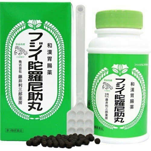 藤井利三郎薬房は1300年前より伝わる陀羅尼助丸の本家です。 防腐剤・着色料は一切使用しておりません。フジイ陀羅尼助丸はこんな方に！・フジイ陀羅尼助丸は胃弱の方に病院でもらった薬では良くならず、憂うつな日々をお過ごしの方には、ゲンチアナの効果がフジイ陀羅尼助丸で期待されます。・フジイ陀羅尼助丸は二日酔い、悪酔のむかつきに仕事上の接待、仲間同志のおつきあい等で、つい飲み過ぎて苦しい時には一度、フジイ陀羅尼助丸をお試し下さい。・フジイ陀羅尼助丸は食べ過ぎの方に普段から丈夫でない胃腸を酷使することが多い方や、忘年会や新年会の時期、胃腸の調子がくるいがちな方は、フジイ陀羅尼助丸で不快な胸やけを治して下さい。・フジイ陀羅尼助丸は食欲不振にセンブリは日本民族が室町末期頃開発した民間薬です。そのセンブリを含んだフジイ陀羅尼助丸で食欲を高め、胃腸を整えて下さい。・フジイ陀羅尼助丸は消化不良でお悩みの方に食事は体調を気にしながらという方には、フジイ陀羅尼助丸に含まれているオウバクエキス・ゲンノショウコの相乗作用が力強い効果を発揮します。・フジイ陀羅尼助丸ははき気の時に胃もたれ、胸つかえ、嘔気、悪心等はフジイ陀羅尼助丸に含まれているオウバクの作用により爽快になります。■用法・用量フジイ陀羅尼助丸は 次の量を食後に，水又はお湯と一緒に服用すること。 ［年齢　　 1回量　　 1日服用回数］ 成人（15歳以上）　　 1回20粒　　 3回 11歳〜14歳　　 1回13粒　　 3回 8歳〜10歳　　 1回10粒　　 3回 5歳〜7歳　　 1回6粒　　 3回 3歳〜4歳　　 1回5粒　　 3回 3歳未満：服用しないこと 用法及び用量を厳守すること。 小児に服用させる場合には，保護者の指導監督のもとに服用させること。 3歳以上の幼児に服用させる場合には，薬剤がのどにつかえることのないよう，よく注意すること。■効能・効果フジイ陀羅尼助丸は食欲不振(食欲減退)、胃部・腹部膨満感、消化不良、胃弱、食べ過ぎ(過食)、飲み過ぎ(過飲)、胸やけ、もたれ(胃もたれ)、胸つかえ、はきけ(むかつき、胃のむかつき、二日酔・悪酔のむかつき、吐気、悪心)、嘔吐■成分・分量フジイ陀羅尼助丸成分・分量 60粒(一日量)中 オウバク軟稠エキス　　 1000mg 日局 センブリ末　　 30mg 日局 ゲンチアナ末　　 500mg 延命草末　　 570mg 日局 ゲンノショウコ末　　 1000mg ■使用上の注意相談すること 医師の治療を受けている人は服用前に医師、薬剤師又は登録販売者に相談すること。 服用後、皮膚に発疹などの症状があらわれた場合は直ちに服用を中止し、この文書を持って医師、薬剤師又は登録販売者に相談すること。 1ヶ月位服用しても症状がよくならない場合は中止し、この文書を持って、 医師、薬剤師又は登録販売者に相談すること。 注意書き 直射日光の当たらない湿気の少ない涼しい所に密封して保管すること。 小児の手の届かない所に保管すること。 他の容器に入れ替えないこと。（誤用の原因になったり品質が変わる。） 内容についてのお問い合わせは 下記までお願いします。製造販売元 株式会社 藤井利三郎薬房 郵便番号 639-3115 奈良県吉野郡吉野町吉野山2413番地 TEL：0746-32-3025(代) FAX：0746-32-3052 営業時間：8：30-17：00 定休日：不定休 区分: 【医薬品】 第3類医薬品広告文責：くすりの三井 　06-7507-1808発売元：藤井利三郎薬房