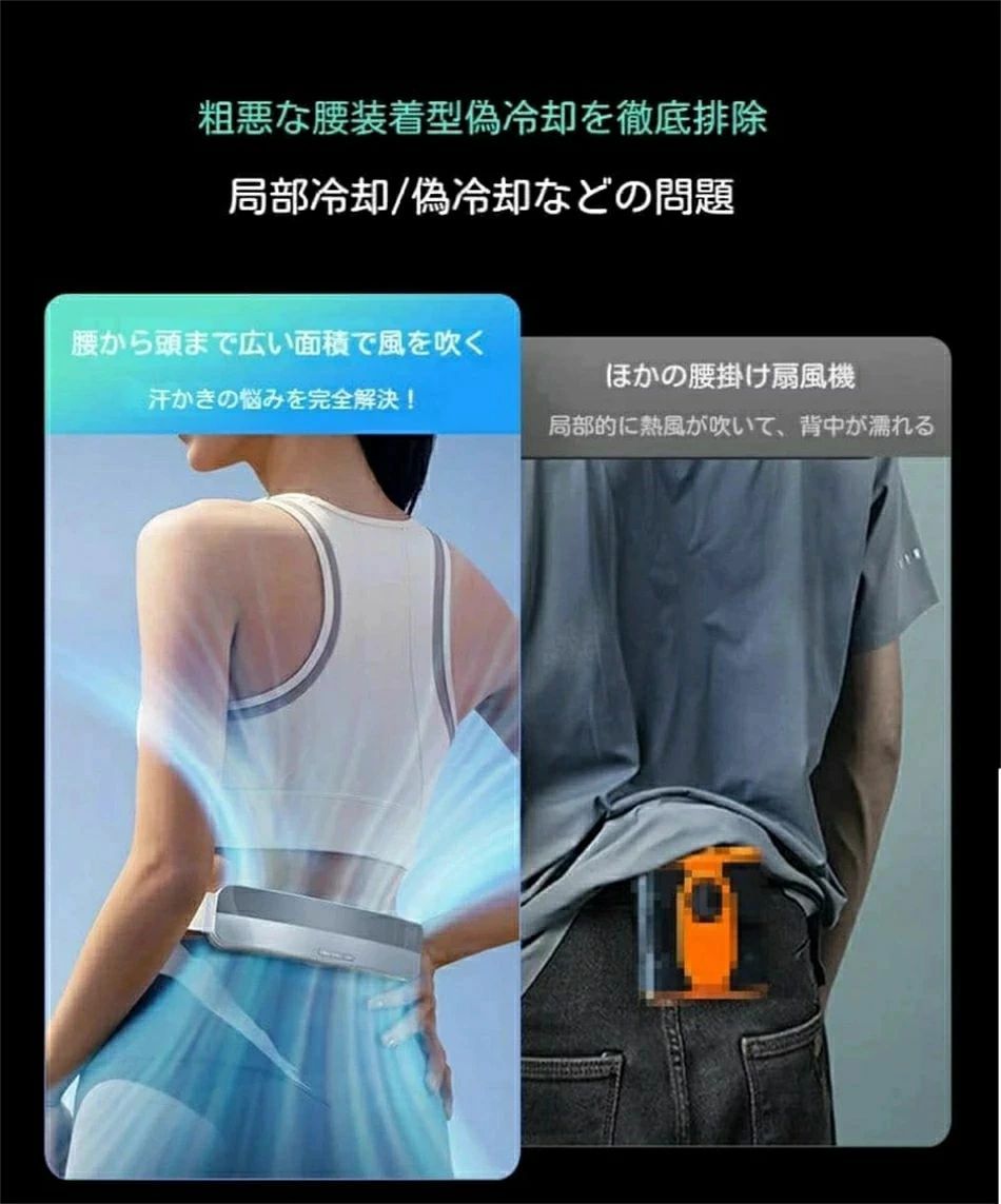 腰掛け扇風機 ベルトファン 大容量5000mAh PCM涼感素材 ハンズフリー アウトドア ...