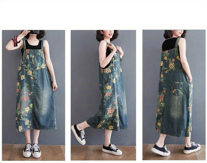 三木商店オンラインのデニムジャンパースカート デニムサロペットスカート 花柄 レディース 花柄ジャンパースカート ロング ワンピース 大きいサイズ ミモレ ワンピ デニムワンピース ジャンスカ 体型カバー ゆったり カジュアル 森ガール エスニック【送料無料】｜アングル3