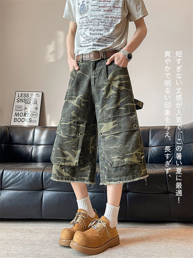 デニムパンツ メンズ 迷彩柄 ワイドパンツ ガウチョパンツ カーゴパンツ ビッグポケット ショートパンツ ワイド クロップドパンツ ひざ下 夏服 7分丈 七分丈 デニム ジーパン ジーンズ 大きいサイズ 着痩せ カジュアル きれいめ 着こなし コーデ 夏 送料無料