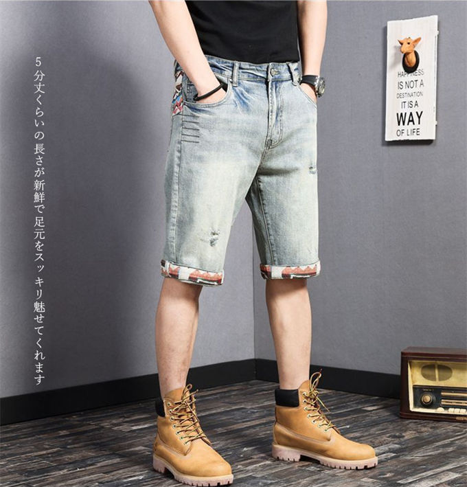 デニムパンツ メンズ ショートパンツ ハーフパンツ 短パン ジーンズ プリント 刺繍 ボトムス 大きいサイズ ゆったり 男性 ストレッチ ストリート系 アウトドア おしゃれ 韓国ファッション カジュアル ズボン お洒落 夏 送料無料