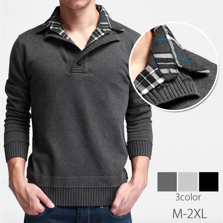 M~4XL セーター メンズ 重ね着風 セーター シャツ 襟 チェック柄 スタンドカラー カジュアル トップス ..
