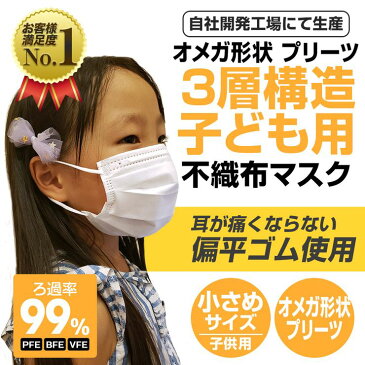 小さめ 子供用 マスク 51枚 オメガ形状 プリーツ 不織布マスク 小顔用 親子 小さめサイズ 3層構造フィルター プリーツ 使い捨て ホワイト 花粉 ほこり こども用マスク【送料無料】