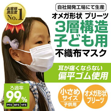 【GW限定★お得クーポン発行中】マスク 小さめ 50枚+1枚 子供用 オメガ形状 プリーツ 3層構造フィルター 51枚 使い捨てマスク 不織布マスク 小顔用 親子 小さめサイズ ホワイト 花粉 ほこり こども用マスク【送料無料】