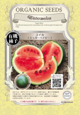 【楽しみ方】 播種適期： 3月〜5月 「シュガーベイビー」と、何ともかわいい名前のスイカ。その名の通り、甘くて小さいスイカです。 直径20cm前後、重さ2〜4kgで、冷蔵庫やアイスボックスに収まるサイズがうれしい。 比較的簡単に育つので、菜園ビギナーさんにもおススメです！ 【育て方】 直播 (株間100〜120cmに2〜3粒づつ点まき) かポットに2〜3粒の種をまきます。 発芽したら1本に間引き、ポットの場合は本葉4〜5枚の頃に株間100〜120cmで1本定植します。 種まきから100日前後で収穫期を迎えます。 【商品情報】 　商品名／スイカ / シュガーベイビー 【有機種子】 　内容量／約8粒 　補足／この種子は固定種です。F1種ではありません。 ヨーロッパの有機種子基準「EC-regulationsの 834/2007,　889/2008, および1235/2008」の認定済み有機種子です。 こちらの商品は、ヨーロッパの有機種子基準認定済みの有機種子です。生産地域の自然環境の持続可能なサイクルを尊重し、土壌や肥料だけでなく、生産の過程一つ一つに設けられた厳しい基準をクリアして生産されています。 ★「有機種子」とは、有機農産物と同様の方法で生産された種子のことです。 つまり、有機農業の基準で禁止されている農薬や化学肥料を使用せず、遺伝子組換を行わず、採取後も消毒されていない種子です。 ★ご注意★ ・この種子を食用・飼料用に使用しないで下さい。 ・お子様の手の届かない所に保管下さい。 ・直射日光・湿気を避け、涼しい所で保管下さい。 ・種子は本質上100%の純度は望めません。 ・播種後の栽培条件・天候等で結果が異なります。 　結果不良と認められる場合でも、損害の補償は種子代金の範囲内とさせて頂きます。 ・独自に加工された場合は責任を負いかねますので予めご了承下さい。