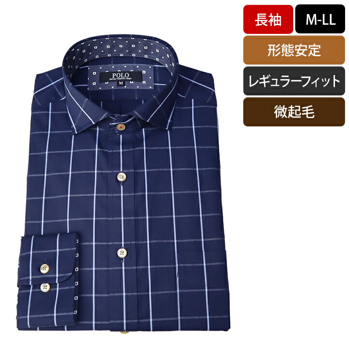 乐天商城 - POLO BRITISH COUNTRY SPIRITワイドスプレッド長袖ワイシャツ【ネイビー / ウィンドウペーン柄】