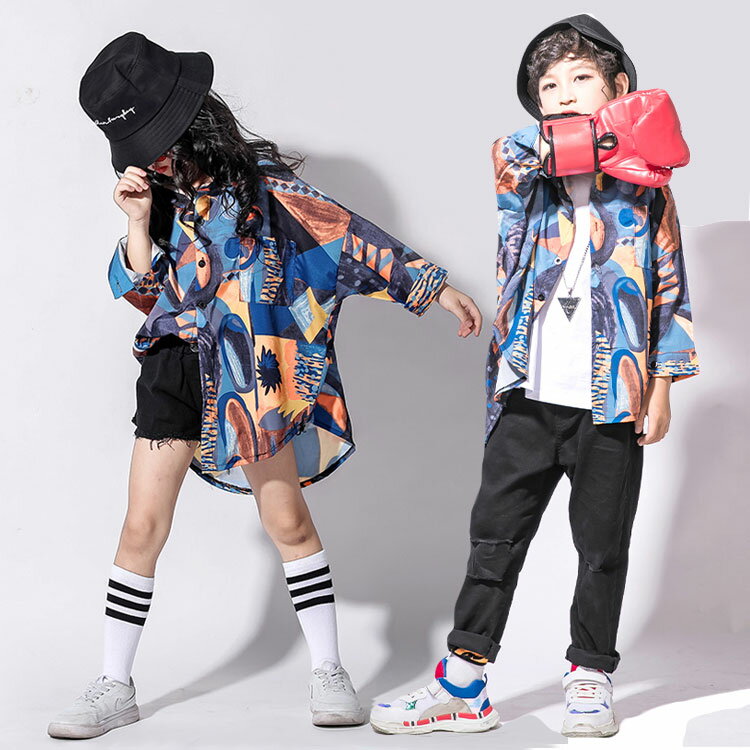 送料無料 ダンス衣装 キッズダンス ヒップホップ 花柄シャツ キッズダンス ヒップホップ 原宿系 トップ..