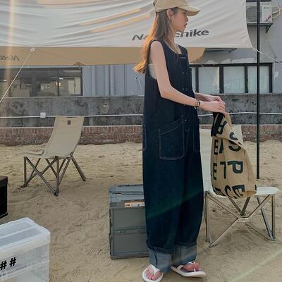 オールインワン サロペット デニム レディース パンツ カジュアル おしゃれ 体型カバー ジャンプスーツ オーバーオール ワイドレッグ ゆったり ルーズ ロング丈 シンプル かっこいい オールシーズン ブルー 春 夏 秋 冬 20代 30代 40代 50代