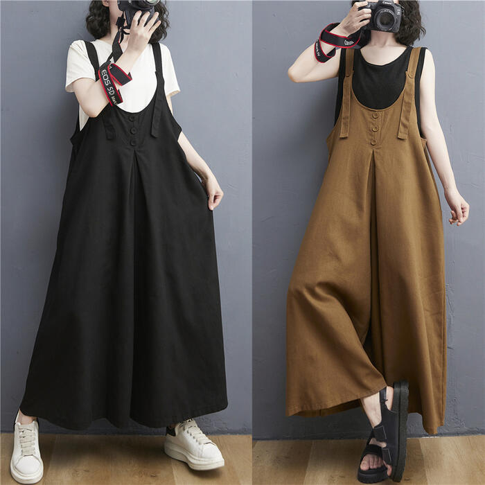リネン サロペットパンツ パンツ ナチュラル ワイドパンツ 薄手 涼しい コットン リネン混 綿 麻 春 夏 レディース ワンピ カジュアル ゆったり シンプル 体型カバー 大人 可愛い ベージュ ブラック 黒 20代 30代 40代 50代