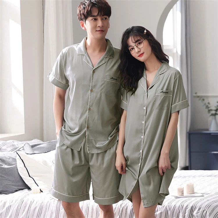 ペア パジャマ セット カップルパジャマ 絹 シルク風 ルームウェア 半袖 前開き ワンピース 韓国 ペアパジャマ プレゼント 内祝い 部屋着 シャツワンピース...