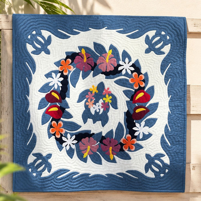 ハワイアンキルト 花と葉のデザイン 約100cm honublue_00.jpg