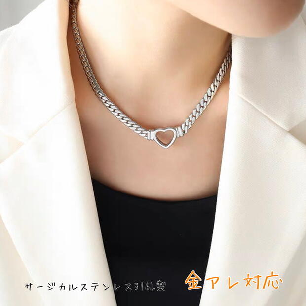 チョーカー ハート ステンレス チョーカー レディース メンズ 金属アレルギー 喜平チェーン 7mm幅 医療用ステンレス ネックレス チェーン シンプル オープンハートチョーカー 錆びない k18 ゴールド シルバー 彼氏 彼女 存在感抜群 カジュアル かわいい おしゃれ クリスマス