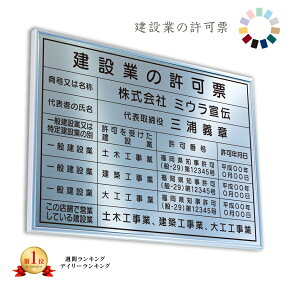 建設業の許可票　モダンシルバー　送料無料　選べる4書体・4枠　撥水加工　錆びない　看板　法定サイズクリア　ヘアライン仕様　540mm×380mm おしゃれ　額縁