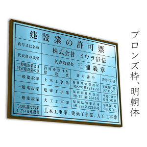 建設業の許可票額縁ありタイプアクアブルーブラック枠