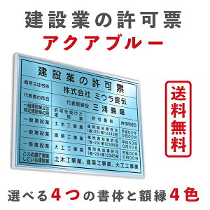 建設業の許可票額縁ありプタイプアクアブルーゴールド枠