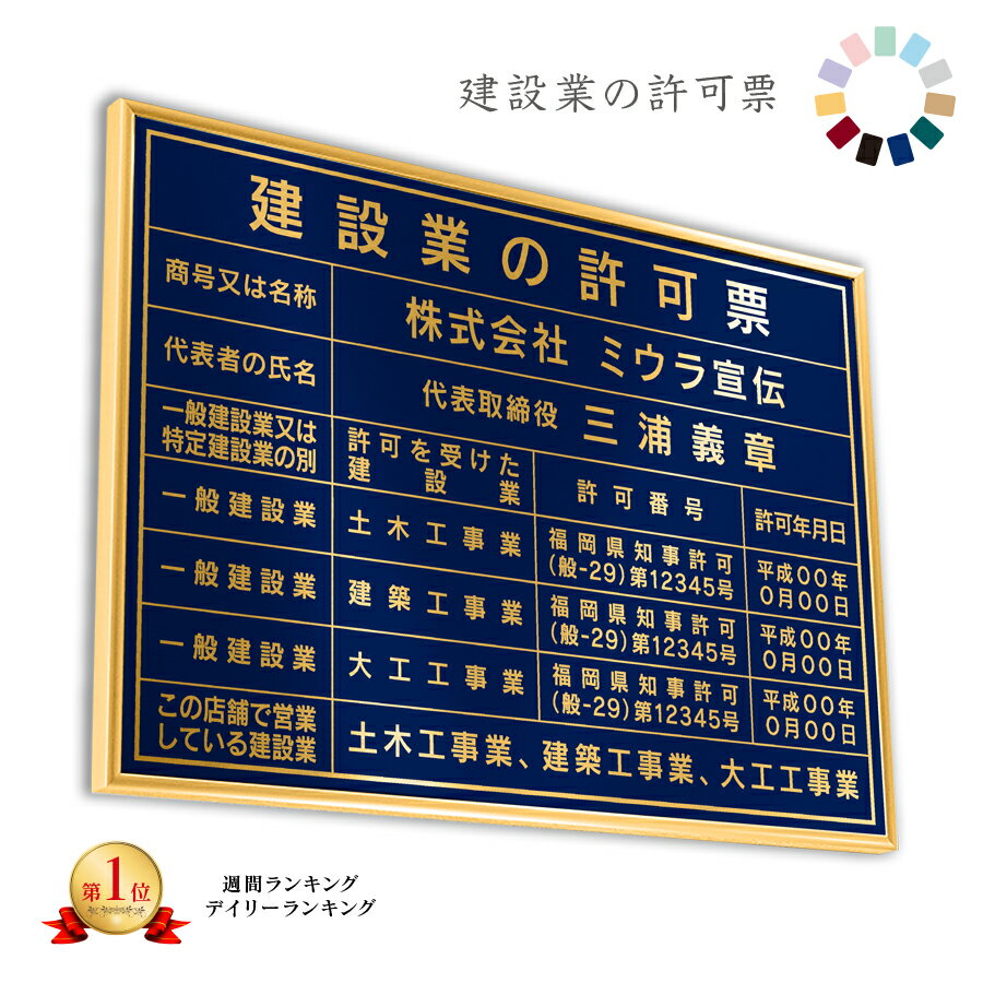 建設業の許可票　ロイヤルブルー　送料無料　選べる4書体・4枠　撥水加工　錆びない　看板　法定サイズクリア　ヘアライン仕様　金看板　540mm×380mm おしゃれ　額縁