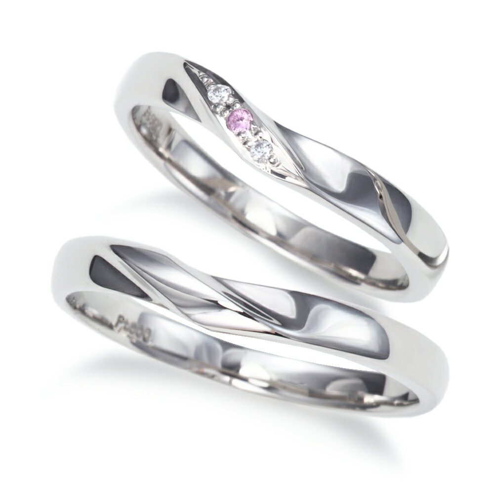 プラチナ結婚指輪が2本でこの価格!プラチナ ダイヤモンド & ピンクサファイア 結婚指輪 エレガント ライン マリッジリング ペア価格! 1年以内1回サイズ直し...