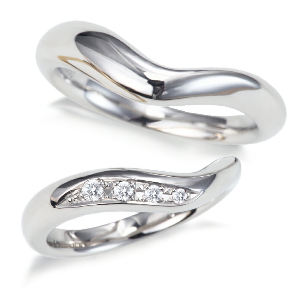 プラチナ結婚指輪が2本でこの価格!プラチナ900 片側ぷっくり Vライン ダイヤモンド 結婚指輪 マリッジリング ペア価格! 1年以内1回サイズ直し無料対応!文...