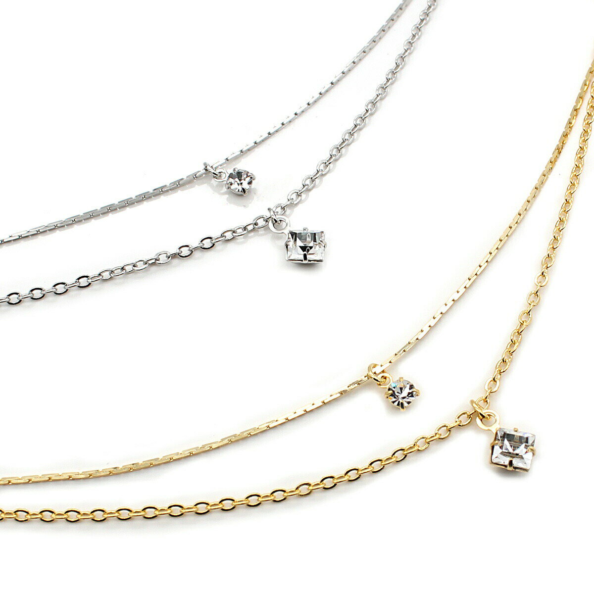 アンクレット レディース 女性用 シンプル おしゃれ かわいい ストーン スクエア スワロフスキー 2連 チェーン エレガント ニッケルフリー 国産 日本製 夏 アクセ アクセサリー 海 山 プール