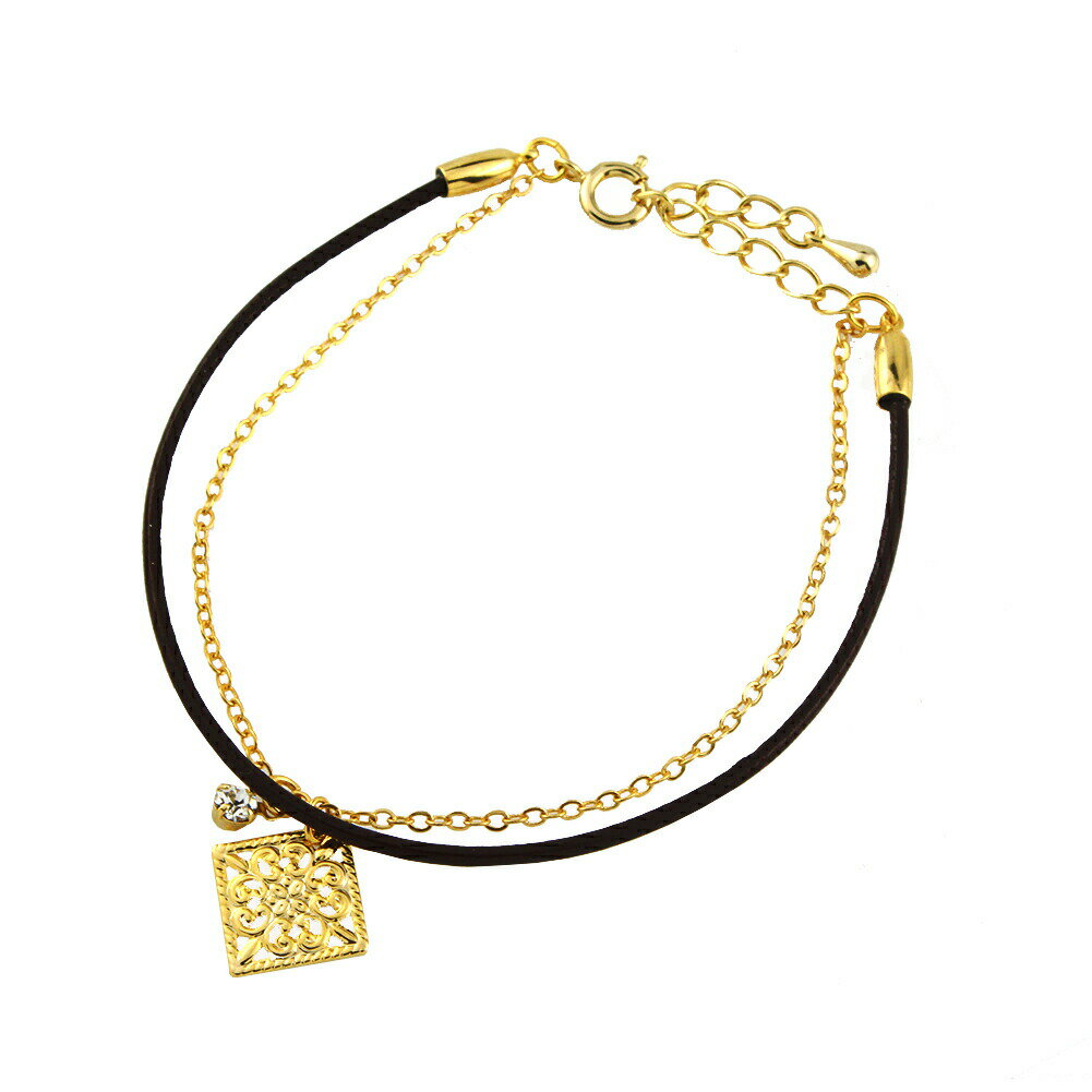 【本革使用・牛革】革ひも＆透かしスクエア 2連ブレスレット国産 日本製v4137