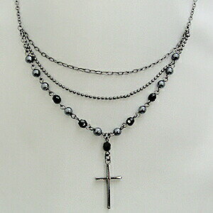 クロス＆パール3連ネックレス