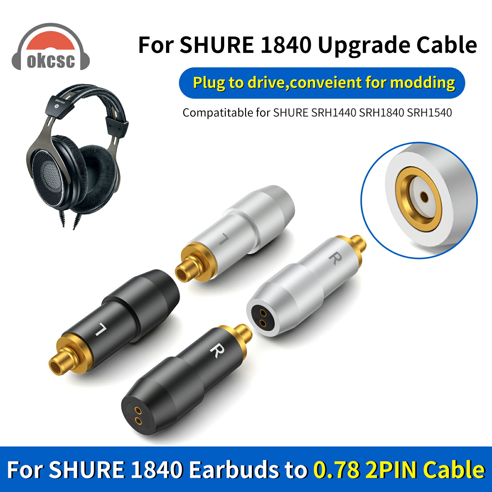 SHURE イヤホン okcsc 0.78 2pin(リケーブル側) to SRH1840(イヤホン側) アダプター コネクター スライダー 金メッキプラグ 統合成形技術 音質劣化なし簡潔 精緻 線材テスト作業用 ミニタイプ SHURE SRH1440 SRH1840 SRH1540に対応