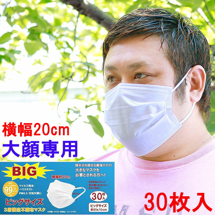 マスク 超BIG XXLサイズ ワイドマスク 大きめ 男性 大きいサイズ 超ワイド 男性用 30枚 使い捨て 不織布 白 ホワイト 三層構造 99％カットフィルター メンズ レディース 特大サイズ 男女兼用 不織布 大人 花粉 PM2.5 ウイルス飛沫対策