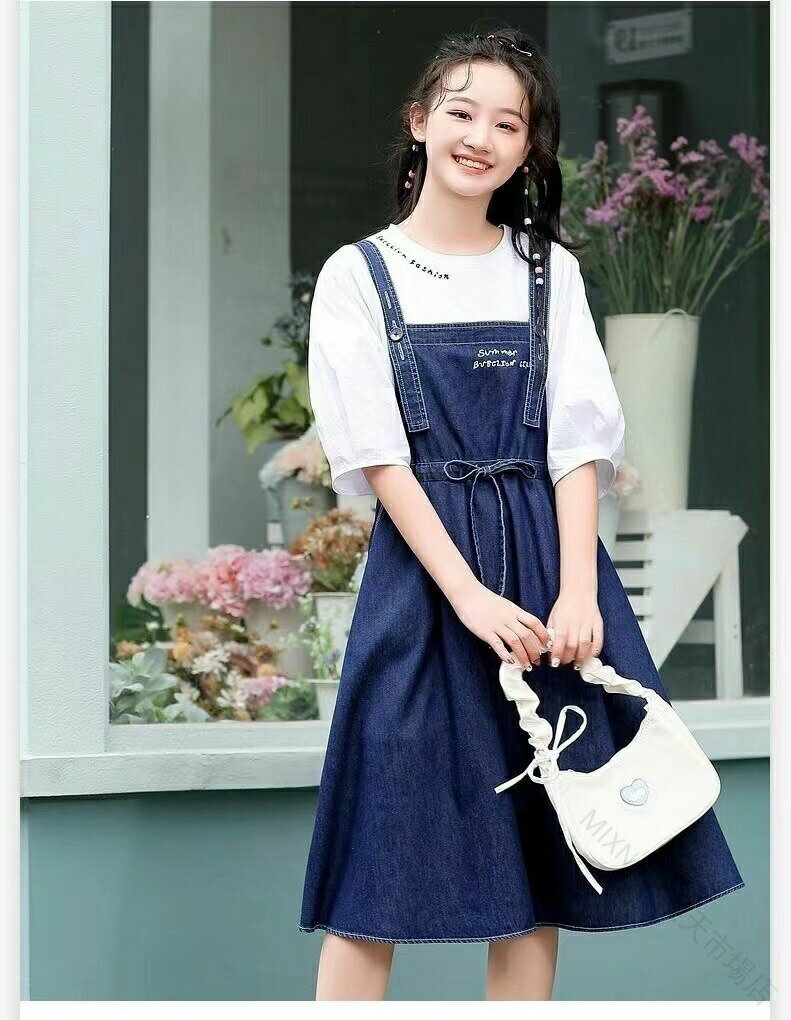 Rakuten - キッズ 子供服 セットアップ 上下セット Tシャツ ジャンパースカート 2点セット 春夏 薄手 半袖 デニムワンピース ジャンスカ サロペットスカート おしゃれワンピース サロペットワンピース 女の子 ゆったり 可愛い 2色 140-170