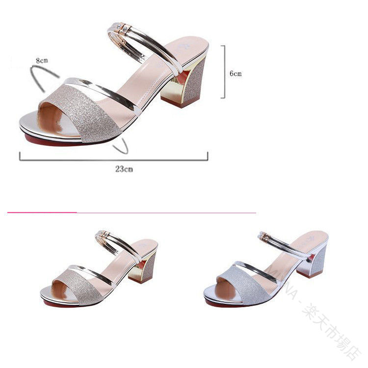 Round Toe - サンダル 22.0cm - 25.0cm ローヒール レディース ミュール ヒール ミュールサンダル キラキラ パーティー 夏 サンダル 疲れない 歩きやすい 通勤 オフィス 婦人靴 6.0cm
