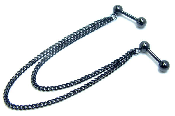 ブラックダブルチェーンボディピアス(バーベルxバーベル)14ゲージ 14G ブラック ボディピアス サージカルステンレス316L 黒 低アレルギー メンズ 軟骨...