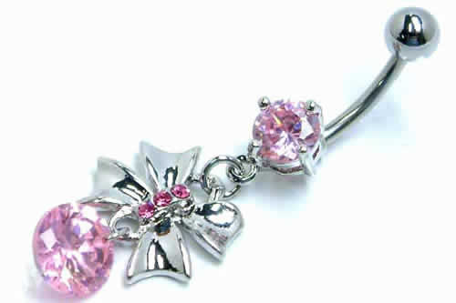 リボンローズ へそピアス 14ゲージ 14G ヘソピアス 臍ピアス メンズ レディース ボディピアス ボディーピアス サージカルステンレス316L バナナバーベル カーブバーベル 低アレルギー ネイブル ヘソピ ラインストーン ジルコニア ピンク