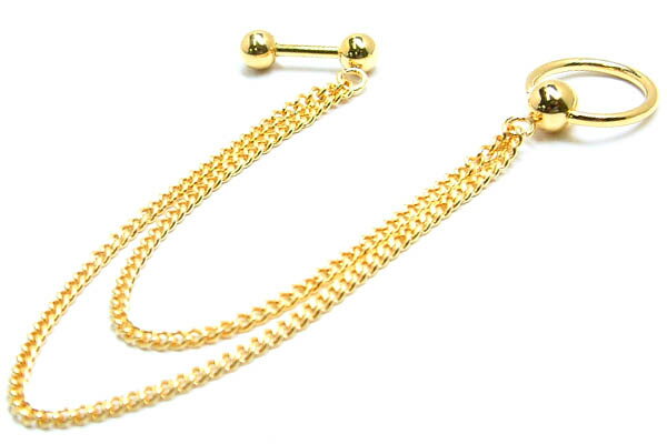 ［ 14G 金メッキ ］ ダブル ゴールドチェーン ボディピアス キャプティブビーズリング x ストレートバーベル 14ゲージ ボディーピアス メンズ レディース 軟骨 耳 鼻 口 乳首 チェーンピアス サージカルステンレス316L つなぐ インダストリアル 繋ぐ 金色 リング型