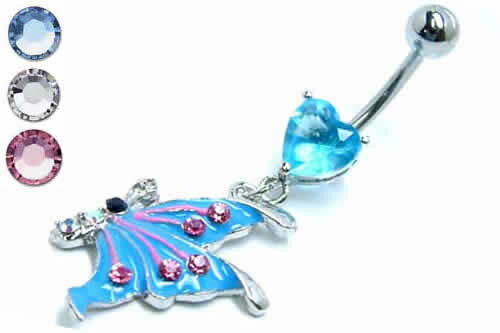ハート バタフライへそピアス 14ゲージ 14G 揺れる ジルコニア クリスタル ラインストーン ヘソピアス 臍ピアス ボディピアス サージカルステンレス ネイブル ボディーピアス レディース へそぴ バナナバーベル カーブバーベル ヘソピ チョウチョウ 蝶々