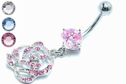 パヴェローズへそピアス 14ゲージ 14G 揺れる ジルコニア クリスタル ラインストーン ヘソピアス 臍ピアス ボディピアス サージカルステンレス ネイブル ボディーピアス メンズ レディース へそぴ バナナバーベル カーブバーベル ヘソピ 薔薇 バラ フラワー 花