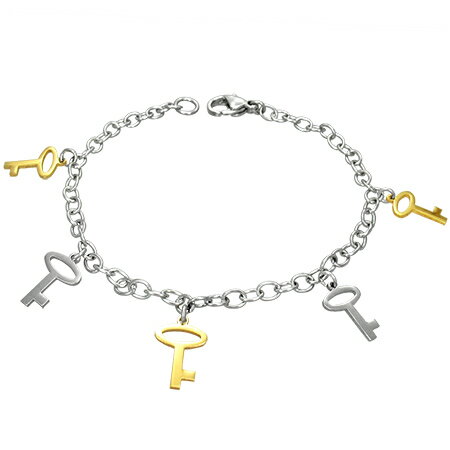 キーチャームステンレスブレスレット カギ ゴールド 鍵 南京錠 パドロック 金色 サージカルステンレス3..