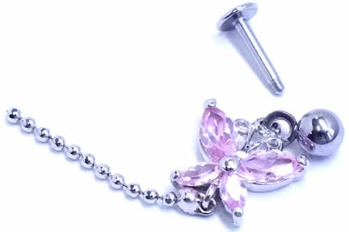 [ 16G 軟膏 揺れる ボディピアス ] バタフライヘリックスラブレット 16ゲージ 16Ga サージカルステンレス316L ボディーピアス 軟骨 ヘリックス トラガス アンテナ リップ メンズ レディース チャーム ラインストーン ジルコニア 平ら フラット 蝶々 チョウチョウ ピンク