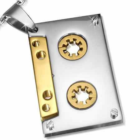 カセットテープステンレスペンダントトップ おもしろ アナログ リアル ゴールド 金色 テープレコーダー..