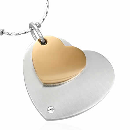 ツーピースステンレスラブペンダント ゴールドとステンレスのハートが2個 サージカルステンレス316L ネックレス トップ ステンレスパーツ チョーカー メンズ レディース 低アレルギー プレゼント ギフト