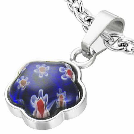 グラスフラワーステンレスペンダント(水) 花 青色 ブルー 蜻蛉玉 ガラス トンボ玉 サージカルステンレス316L ネックレス パーツ メンズ レディース トッ...
