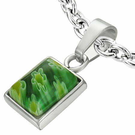 グラストップステンレスペンダント(碧) トンボ玉 蜻蛉玉 ガラス 四角形 スクエア 緑 サージカルステンレス316L ネックレス パーツ メンズ レディース ト...