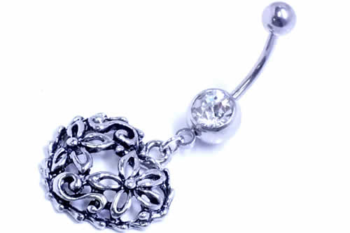 Body Earrings - ハートドームへそピアス 14G 14ゲージ 花 フラワー アンティーク セカンドピアス 揺れる ジルコニア クリスタル ラインストーン ヘソピアス 臍ピアス ボディピアス サージカルステンレス ネイブル ボディーピアス メンズ レディース へそピ バナナバーベル