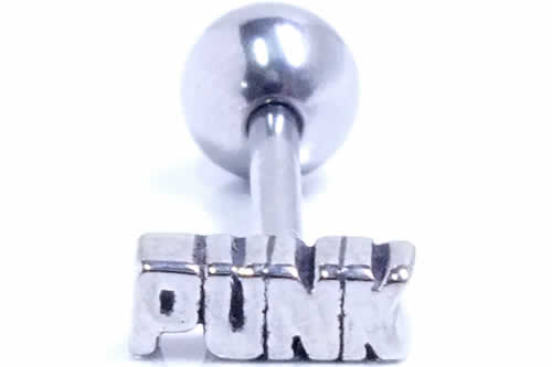 ロゴバーベル（PUNK） 14ゲージ 14G 軟骨 耳 ヘリックス トラガス アンテナ 舌ピアス ベロ ボディピアス メンズ レディース ストレートバーベル おもしろ 個性 面白い 内径 長い 短い サージカルステンレス316L 両側ネジパーツ 英語 アルファベット メッセージ パンク