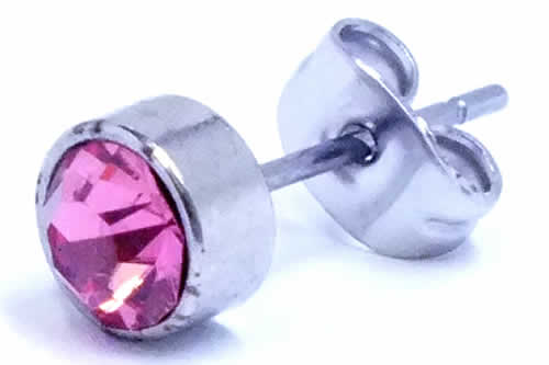 6mmジュエルステンレスピアス（ピンク）/1個販売 サージカルステンレス ジルコニア台座ピアス シンプル メンズ レディース シンプル ファーストピアスにも 20G 20ゲージ 軟骨 耳