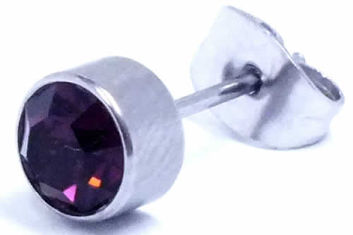 6mmジュエルステンレスピアス（パープル）/1個販売 紫 アメジスト サージカルステンレス ジルコニア台座ピアス シンプル メンズ レディース シンプル ファーストピアスにも 20G 20ゲージ 軟骨 耳