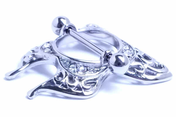 ピアス専門ショップGreen Piercingの[ 14G ニップル 乳首 ] アゲハニップルピアス ストレートバーベル バタフライ 蝶 チョウチョウ クリスタル ラインストーン ジルコニア シールド 14ゲージ 胸 乳輪 ボディピアス メンズ レディース サージカルステンレス316L ボディーピアス 乳首ピアス 別売り16Gに変更可能｜アングル2