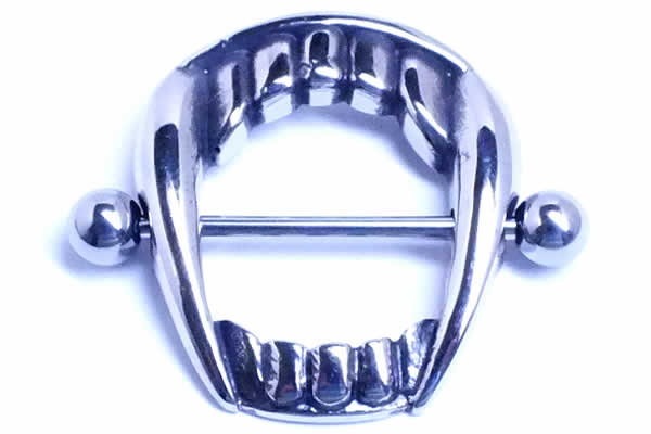 [ 14G ニップル 乳首 ] サーベルタイガーニップルピアス ストレートバーベル 歯 口 牙 おもしろ 面白い オモシロ シールド 14ゲージ 胸 乳輪 ボディピアス メンズ レディース サージカルステンレス316L ボディーピアス 乳首ピアス ジュエリー 別売り16Gに変更可能